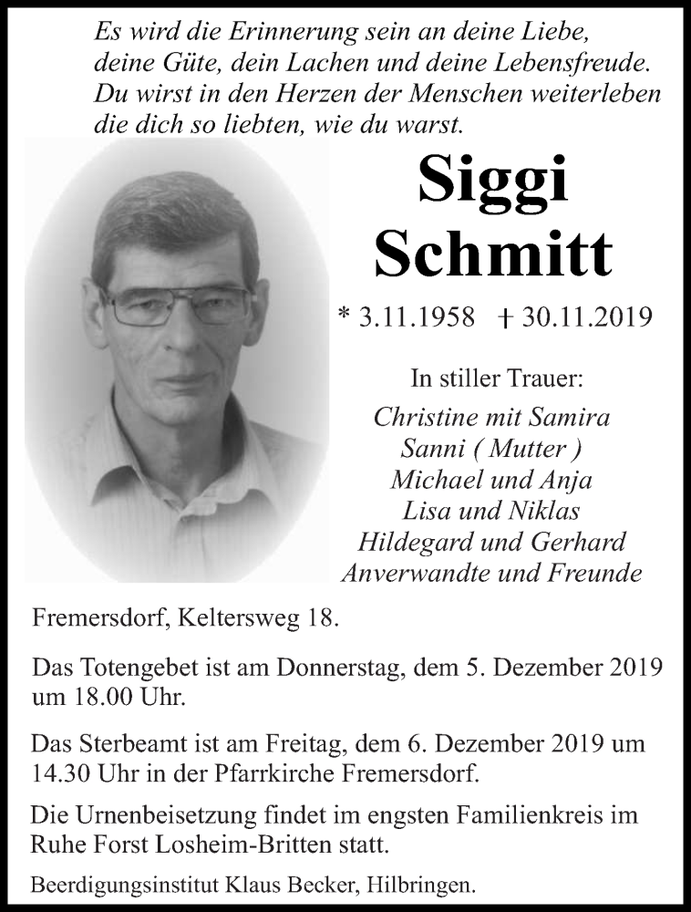  Traueranzeige für Siggi Schmitt vom 04.12.2019 aus saarbruecker_zeitung