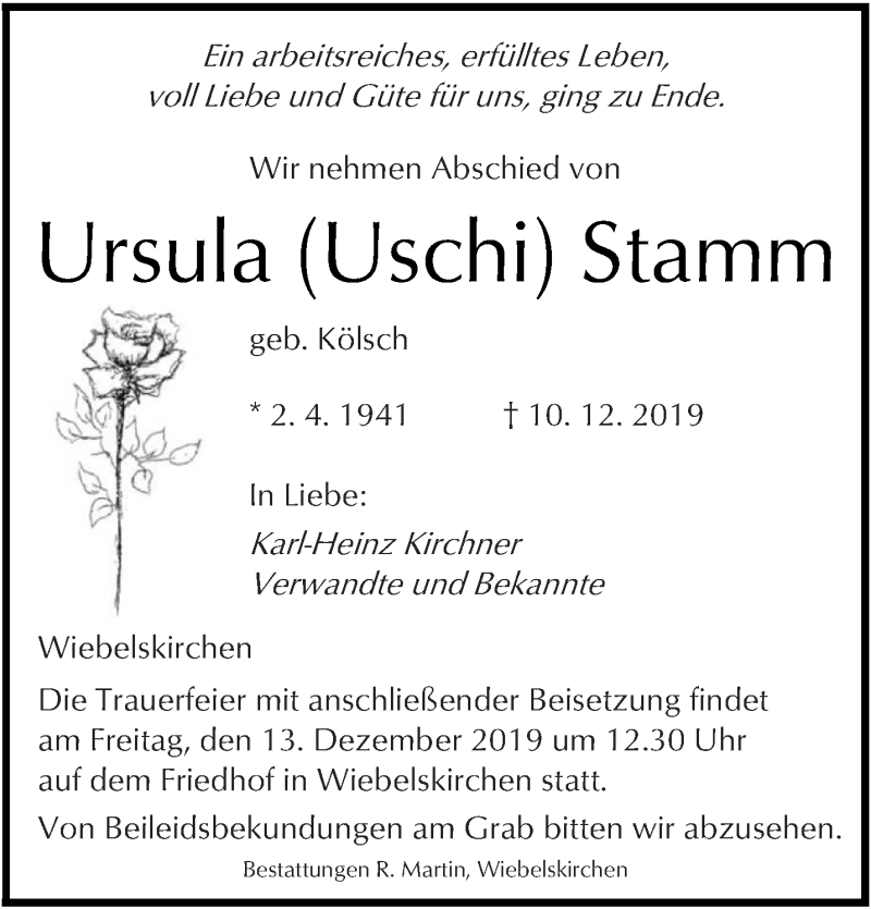  Traueranzeige für Ursula Stamm vom 12.12.2019 aus saarbruecker_zeitung