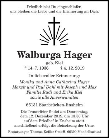 Traueranzeige von Walburga Hager von saarbruecker_zeitung