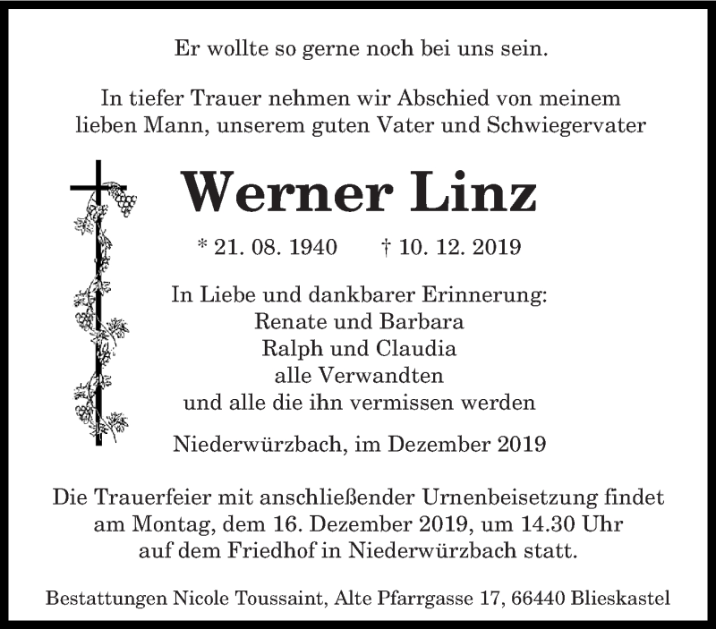  Traueranzeige für Werner Linz vom 12.12.2019 aus saarbruecker_zeitung