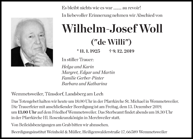  Traueranzeige für Wilhelm-Josef Woll vom 12.12.2019 aus saarbruecker_zeitung