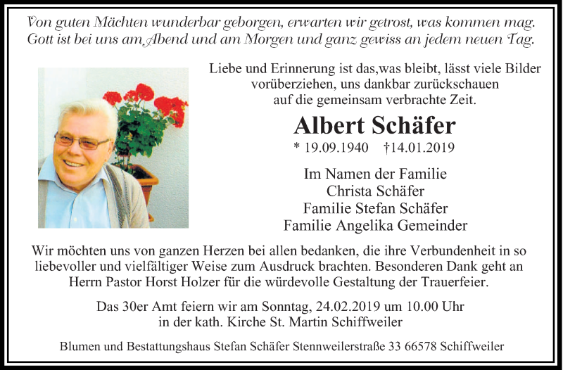  Traueranzeige für Albert Schäfer vom 16.02.2019 aus saarbruecker_zeitung