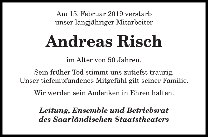  Traueranzeige für Andreas Risch vom 23.02.2019 aus saarbruecker_zeitung