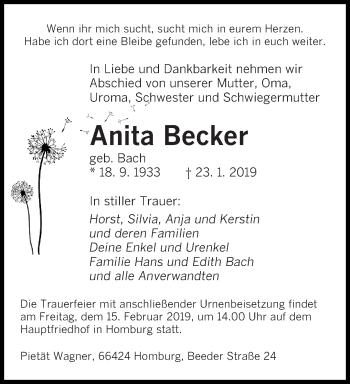 Traueranzeige von Anita Becker von saarbruecker_zeitung