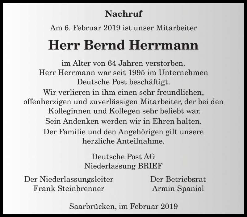  Traueranzeige für Bernd Herrmann vom 16.02.2019 aus saarbruecker_zeitung