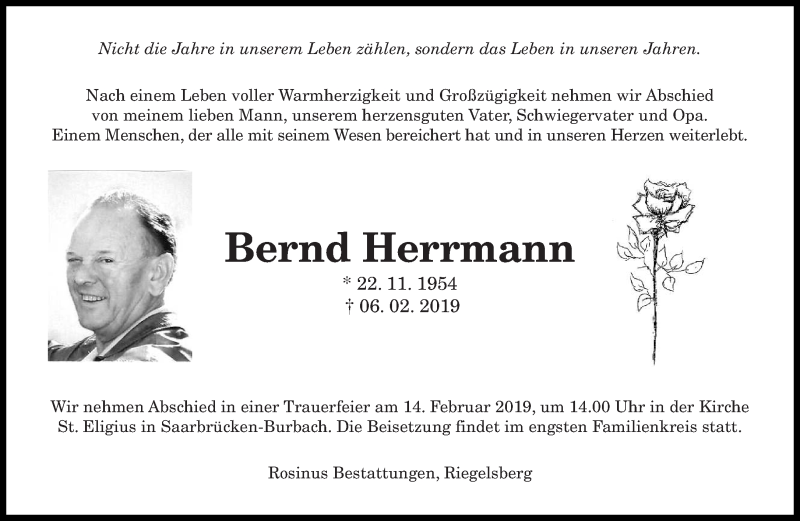  Traueranzeige für Bernd Herrmann vom 11.02.2019 aus saarbruecker_zeitung