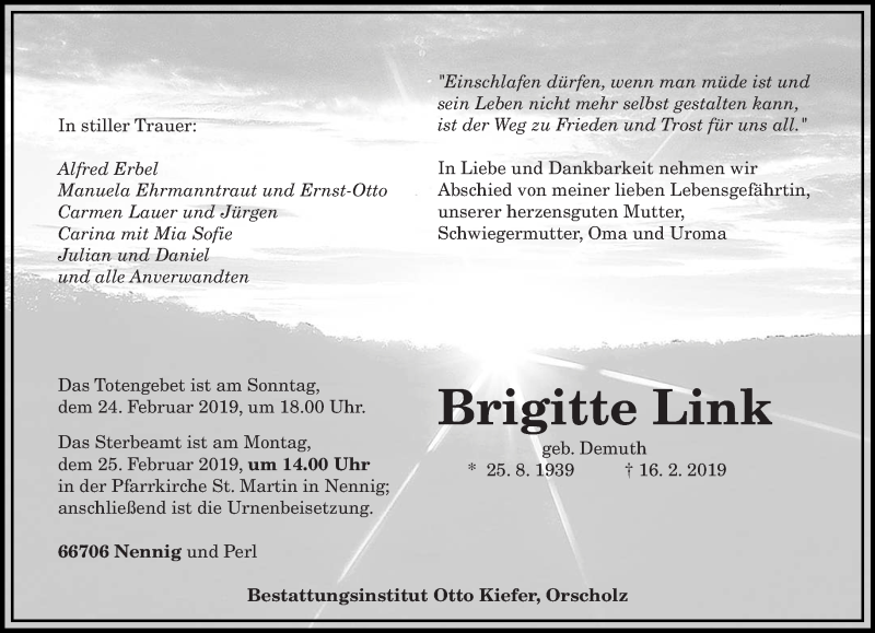  Traueranzeige für Brigitte Link vom 19.02.2019 aus saarbruecker_zeitung