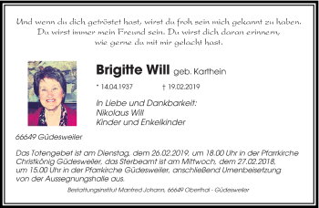 Traueranzeige von Brigitte Will von saarbruecker_zeitung