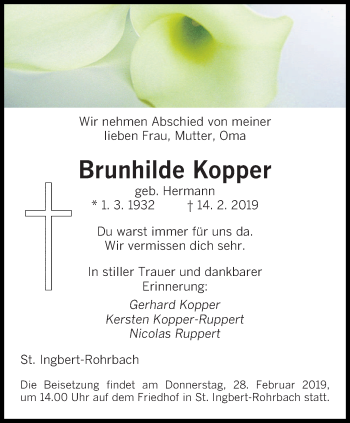 Traueranzeige von Brunhilde Kopper von saarbruecker_zeitung