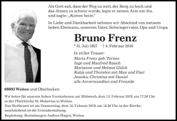 Traueranzeige von Bruno Frenz von saarbruecker_zeitung