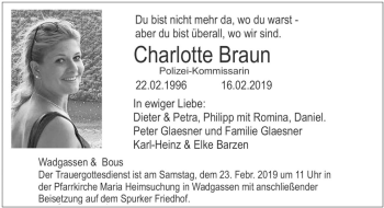 Traueranzeige von Charlotte Braun von saarbruecker_zeitung