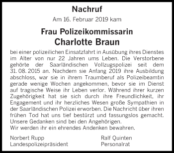 Traueranzeige von Charlotte Braun von saarbruecker_zeitung