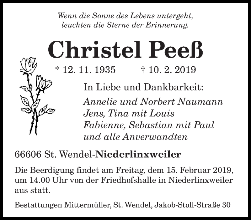  Traueranzeige für Christel Peeß vom 13.02.2019 aus saarbruecker_zeitung