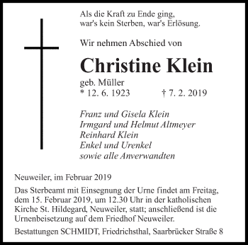 Traueranzeige von Christine Klein von saarbruecker_zeitung