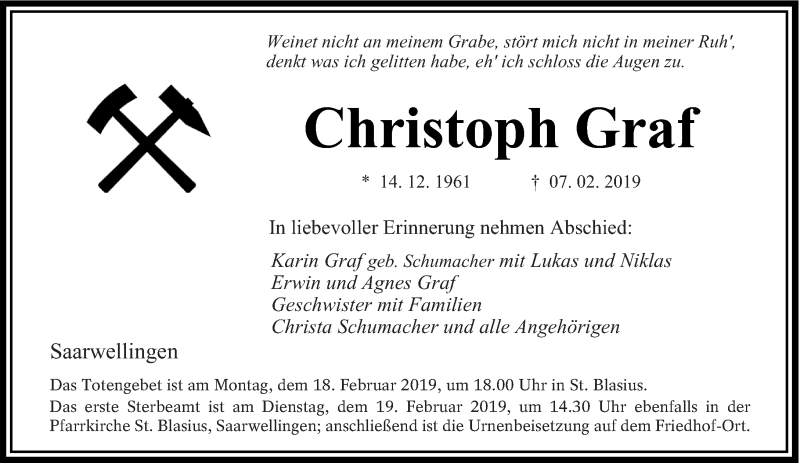  Traueranzeige für Christoph Graf vom 16.02.2019 aus saarbruecker_zeitung