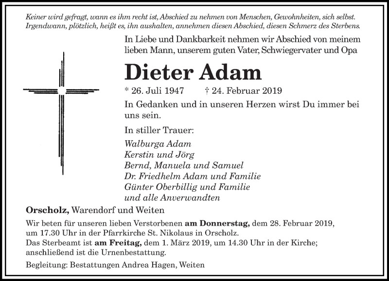  Traueranzeige für Dieter Adam vom 27.02.2019 aus saarbruecker_zeitung