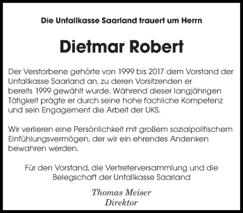 Traueranzeige von Dietmar Robert von saarbruecker_zeitung