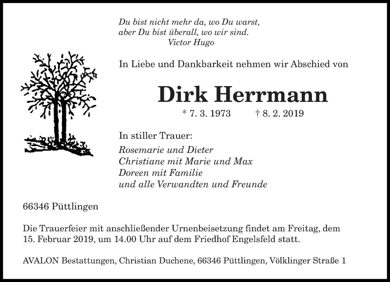  Traueranzeige für Dirk Herrmann vom 13.02.2019 aus saarbruecker_zeitung