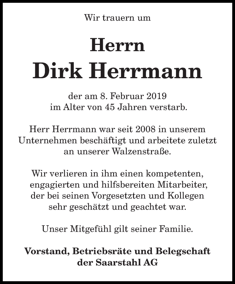  Traueranzeige für Dirk Herrmann vom 14.02.2019 aus saarbruecker_zeitung