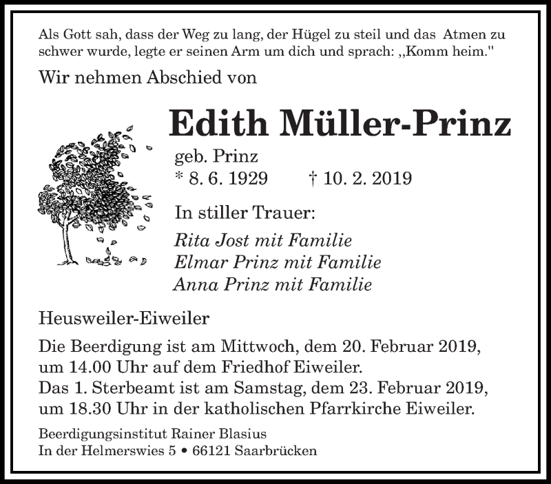  Traueranzeige für Edith Müller-Prinz vom 16.02.2019 aus saarbruecker_zeitung