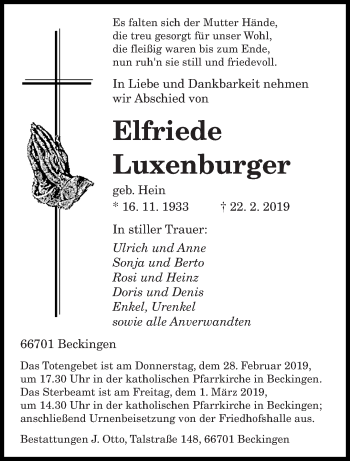 Traueranzeige von Elfriede Luxenburger von saarbruecker_zeitung