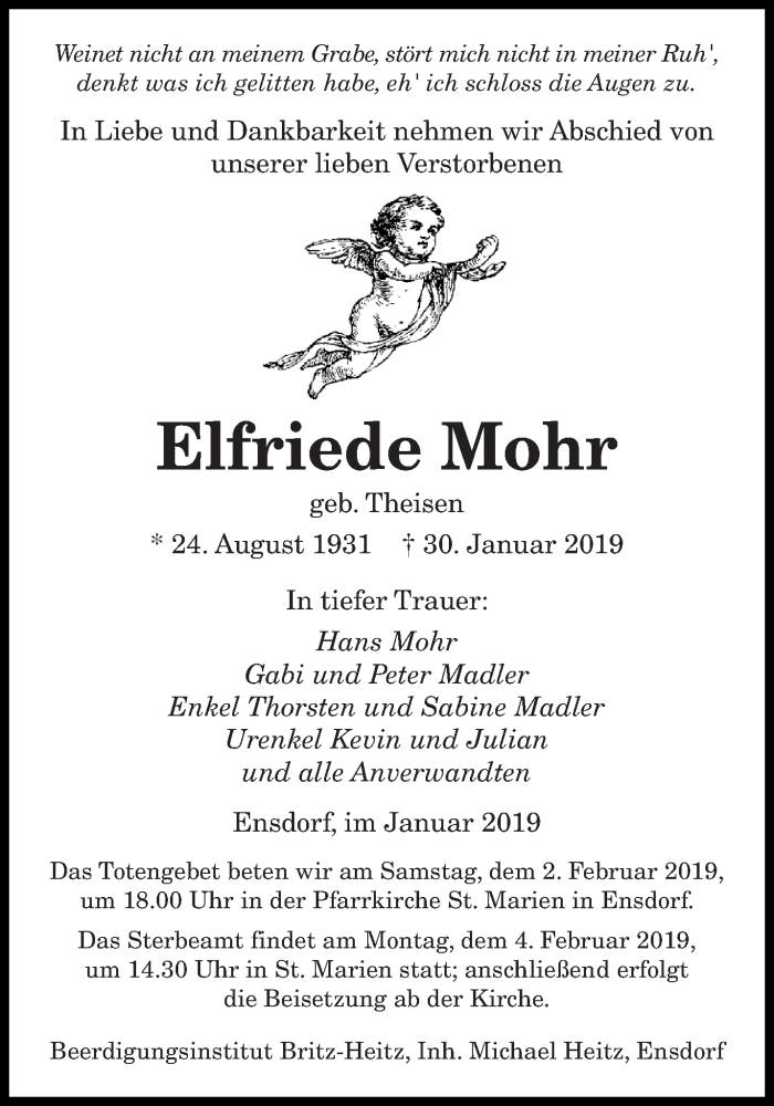  Traueranzeige für Elfriede Mohr vom 01.02.2019 aus saarbruecker_zeitung