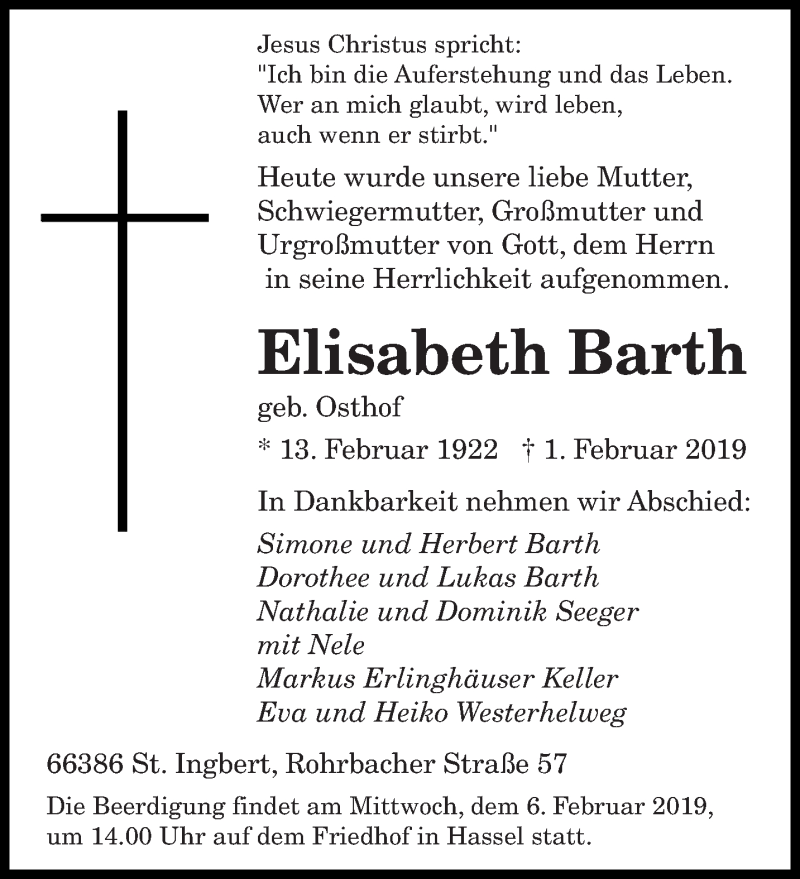  Traueranzeige für Elisabeth Barth vom 02.02.2019 aus saarbruecker_zeitung