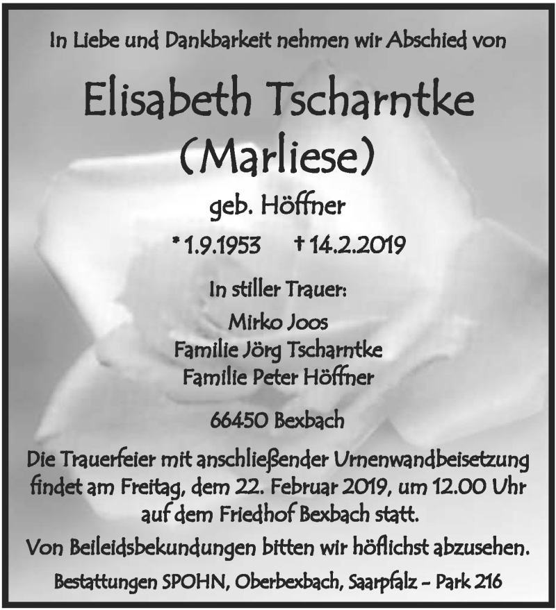  Traueranzeige für Elisabeth Tscharntke vom 19.02.2019 aus saarbruecker_zeitung