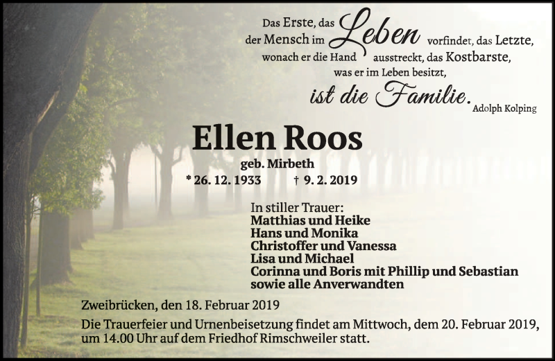  Traueranzeige für Ellen Roos vom 18.02.2019 aus saarbruecker_zeitung