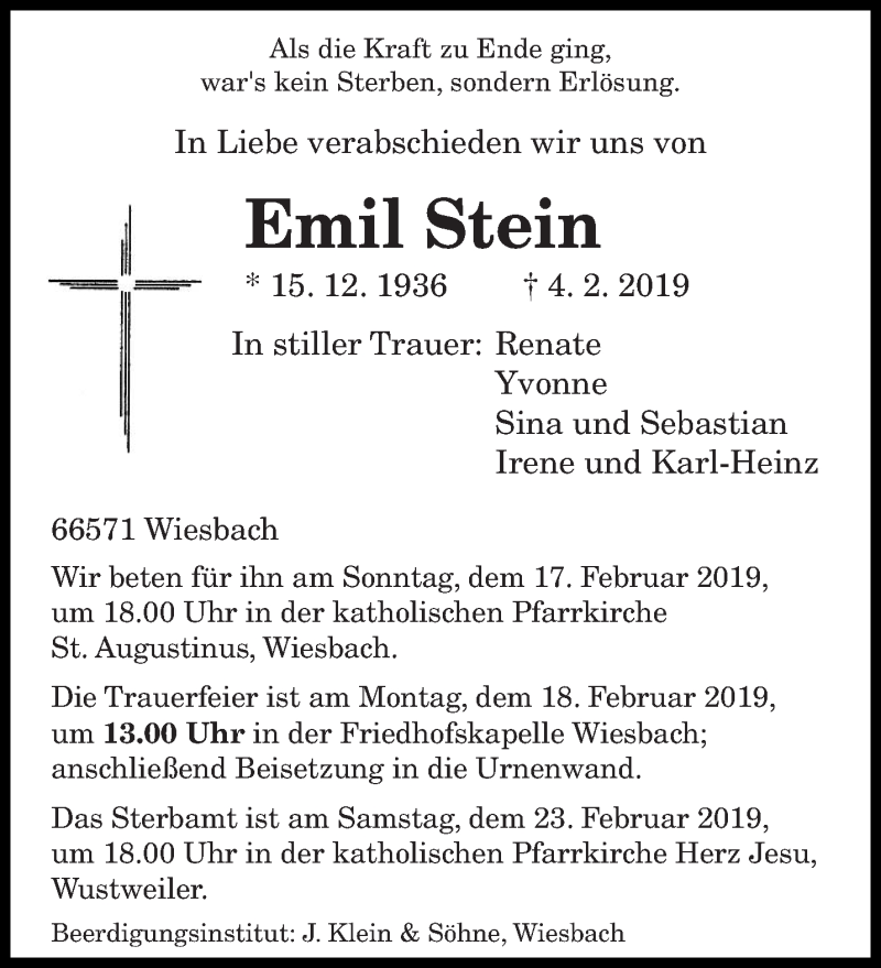  Traueranzeige für Emil Stein vom 13.02.2019 aus saarbruecker_zeitung