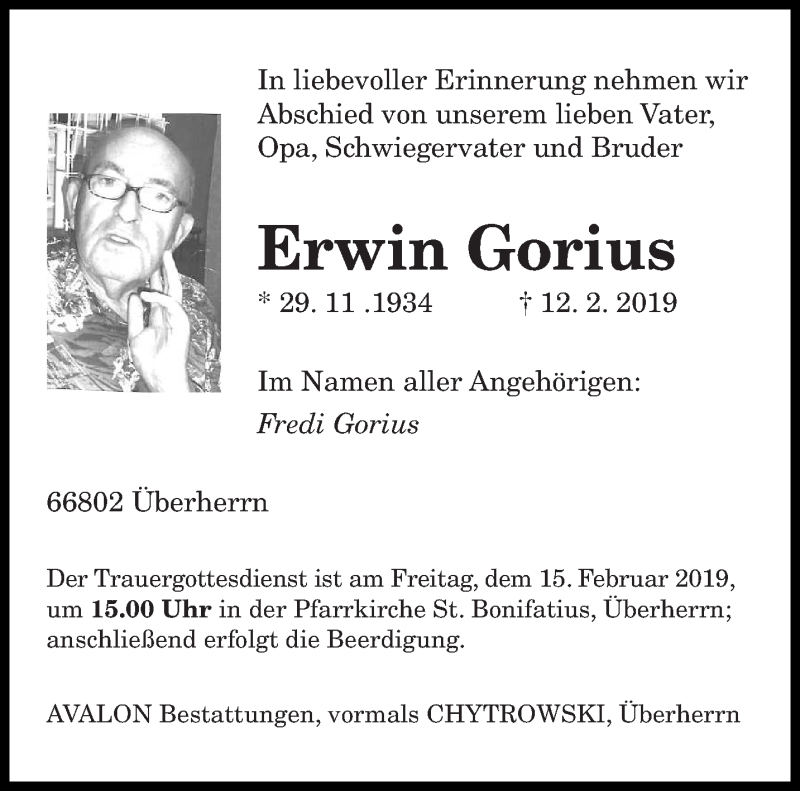  Traueranzeige für Erwin Gorius vom 14.02.2019 aus saarbruecker_zeitung