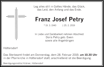 Traueranzeige von Franz Josef Petry von saarbruecker_zeitung