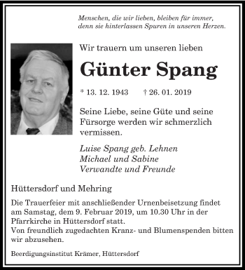 Traueranzeige von Günter Spang von saarbruecker_zeitung