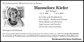 Traueranzeige von Hannelore Kiefer von saarbruecker_zeitung