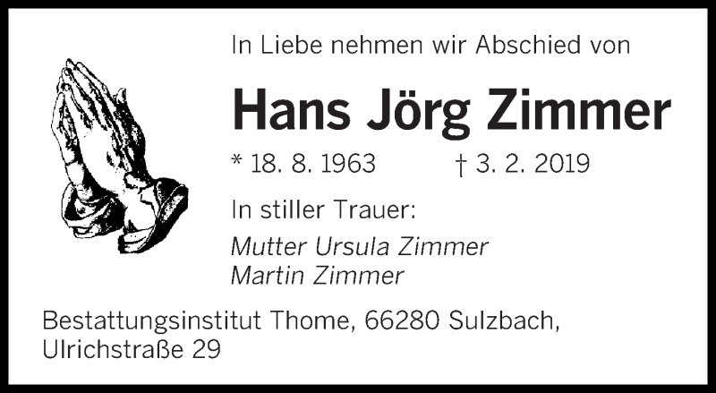  Traueranzeige für Hans Jörg Zimmer vom 16.02.2019 aus saarbruecker_zeitung