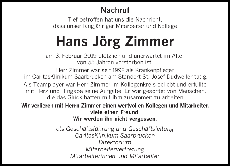  Traueranzeige für Hans Jörg Zimmer vom 09.02.2019 aus saarbruecker_zeitung