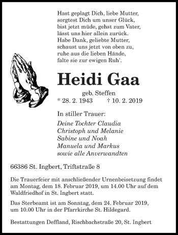 Traueranzeige von Heidi Gaa von saarbruecker_zeitung