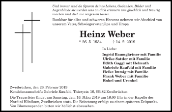 Traueranzeige von Heinz Weber von saarbruecker_zeitung