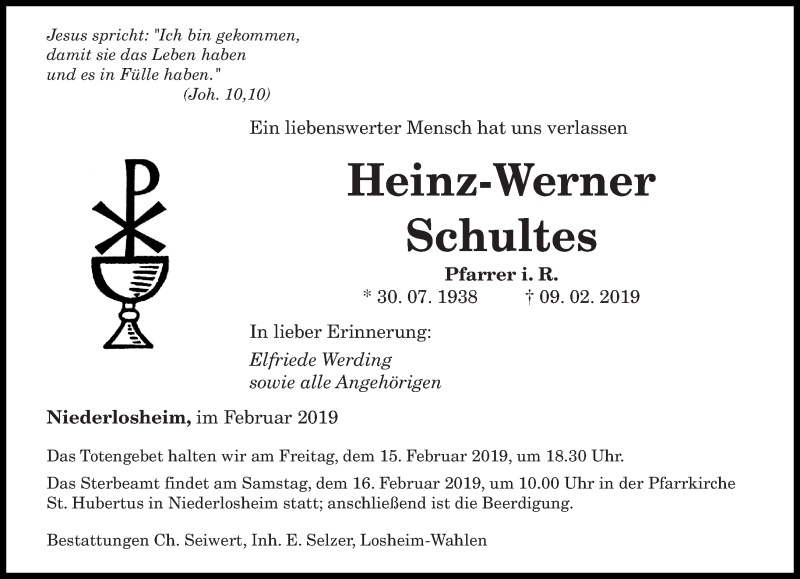  Traueranzeige für Heinz-Werner Schultes vom 13.02.2019 aus saarbruecker_zeitung