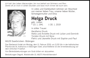 Traueranzeige von Helga Druck von saarbruecker_zeitung