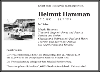 Traueranzeige von Helmut Hamman von saarbruecker_zeitung