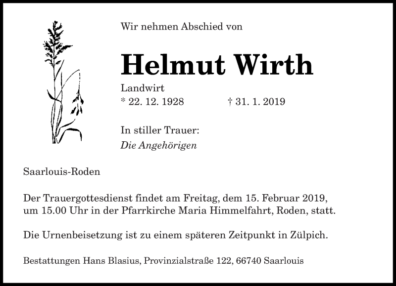  Traueranzeige für Helmut Wirth vom 09.02.2019 aus saarbruecker_zeitung