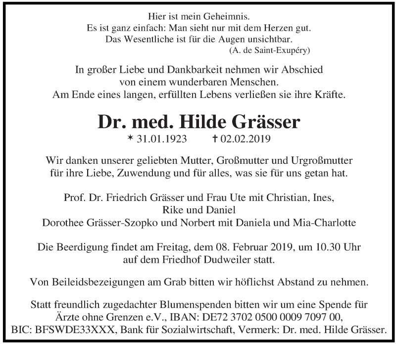  Traueranzeige für Hilde Grässer vom 06.02.2019 aus saarbruecker_zeitung