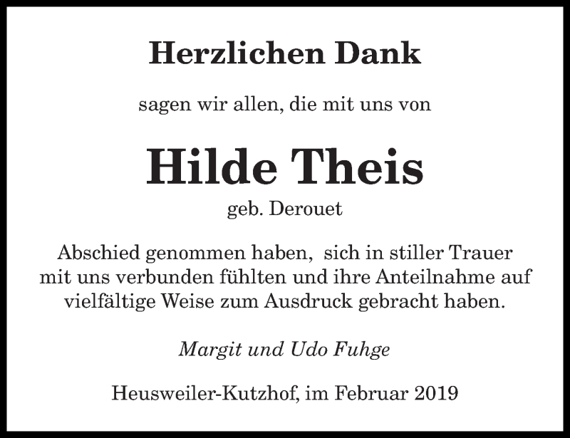  Traueranzeige für Hilde Theis vom 23.02.2019 aus saarbruecker_zeitung
