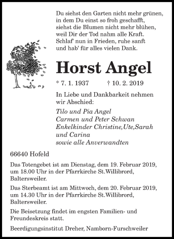 Traueranzeige von Horst Angel von saarbruecker_zeitung