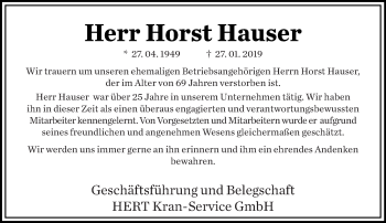 Traueranzeige von Horst Hauser von saarbruecker_zeitung