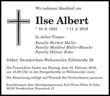 Traueranzeige von Ilse Albert von saarbruecker_zeitung