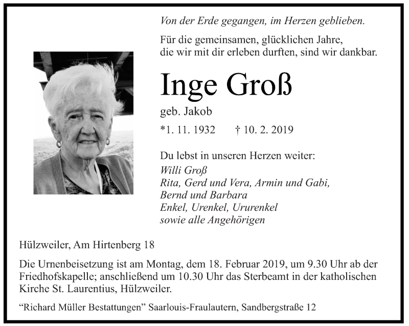  Traueranzeige für Inge Groß vom 13.02.2019 aus saarbruecker_zeitung