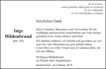 Traueranzeige von Inge Hildenbrand von saarbruecker_zeitung