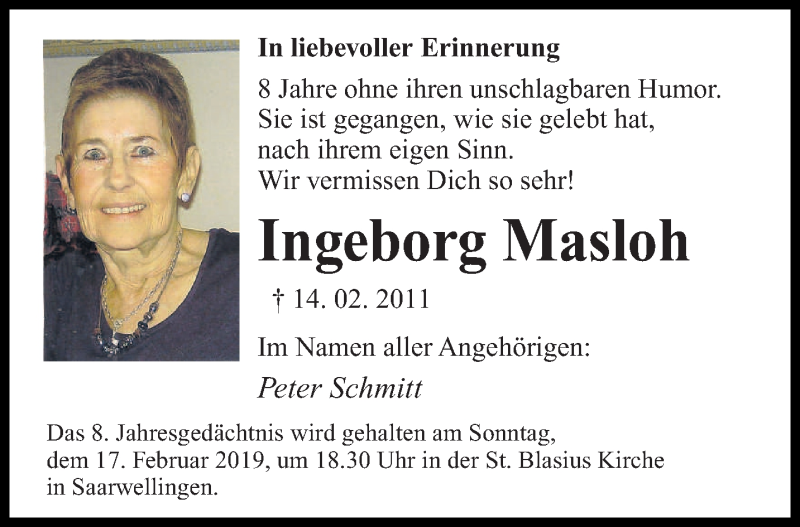  Traueranzeige für Ingeborg Masloh vom 14.02.2019 aus saarbruecker_zeitung